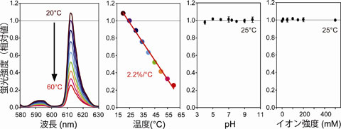 図２ナノ温度計の蛍光強度と温度、pH、イオン強度の関係。