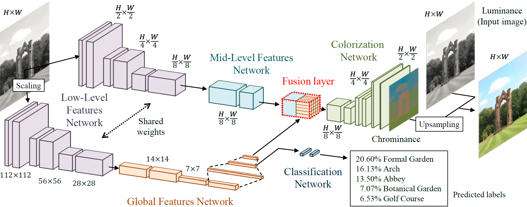 図１ディープネットワークを用いた大域特徴と局所特徴の学習による色付けのモデル構造