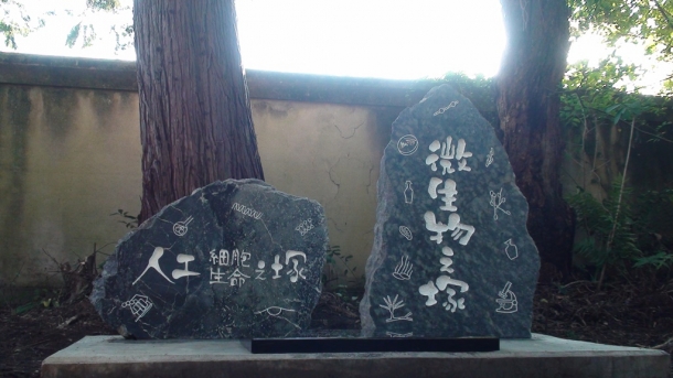 町屋石で彫られた人工細胞・人工生命と微生物の慰霊碑