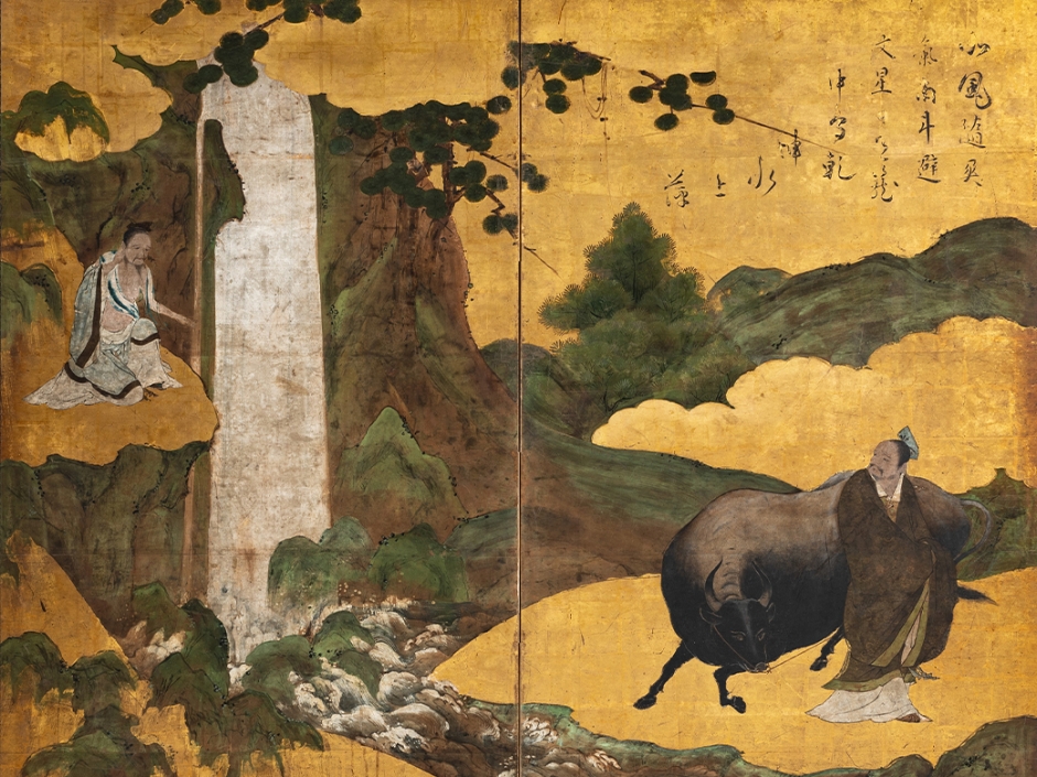 ★直接引き取り限定★屏風　日本画　風景画　詳細不明 ☆京錦織屏風☆日本画 平安風景 金箔使用 ミニ屏風【未使用