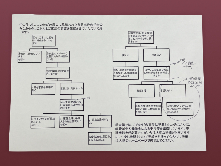 資料番号124「〔東日本大震災資料　震災に見舞われた各県出身の学生及び家族の安否確認のためのフローチャート〕」