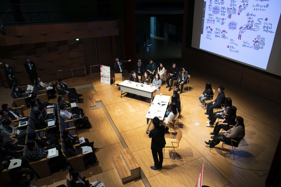 スクリーンには、発表されたアイデアがリアルタイムでイラスト化された