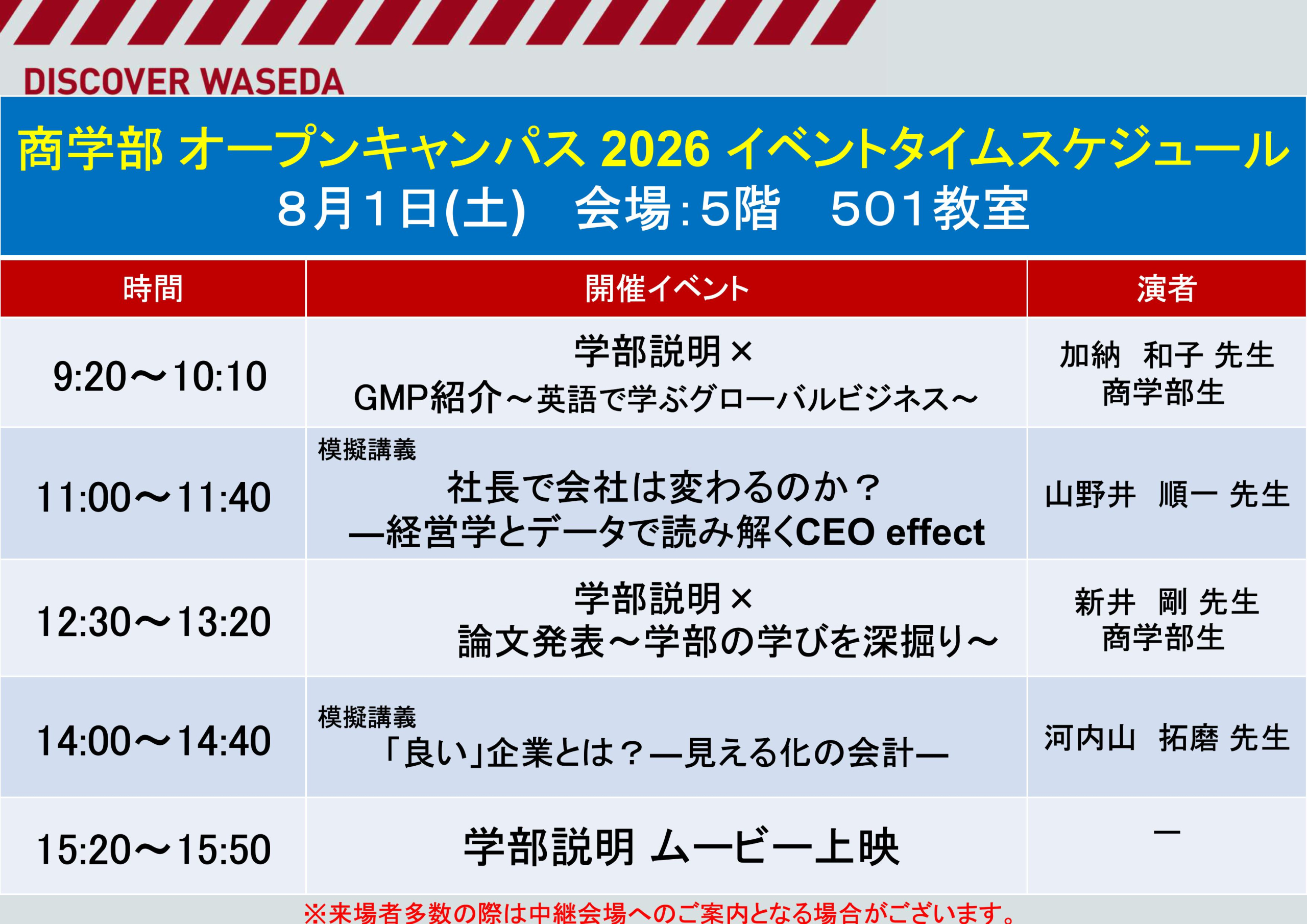 オープンキャンパス1日目タイムスケジュール