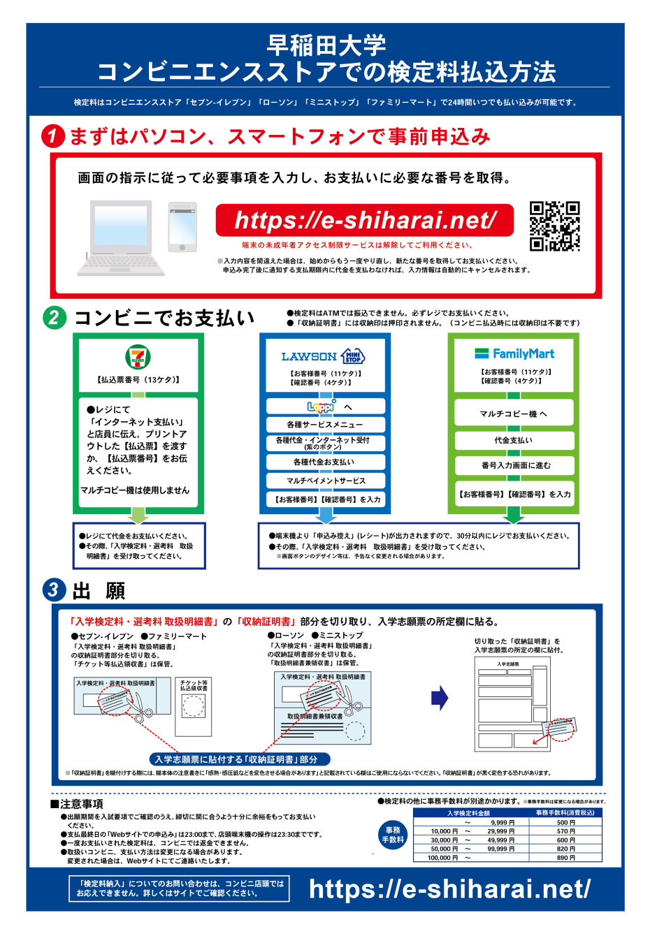 コンビニエンスストアでの入学検定料支払い方法