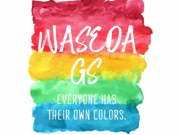 絵具で塗ったような虹色の背景に、白抜きの文字で「WASEDA GS」「Everyone has their own colors.」と書かれている。