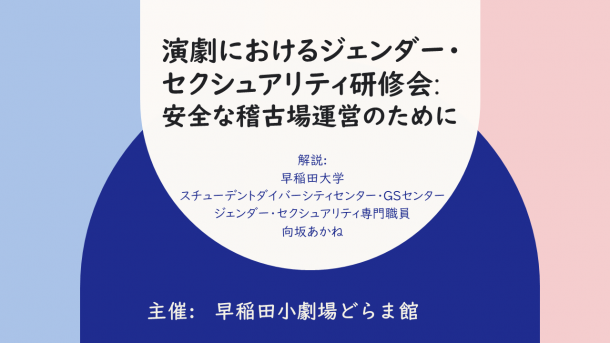 「演劇におけるジェンダー・ セクシュアリティ研修会: 安全な稽古場運営のために」「解説: 早稲田大学 スチューデントダイバーシティセンター・GSセンター ジェンダー・セクシュアリティ専門職員 向坂あかね」「主催: 早稲田小劇場どらま館」とかかれたスライドの写真。薄い青、近、薄い赤、白を基調としたデザイン。