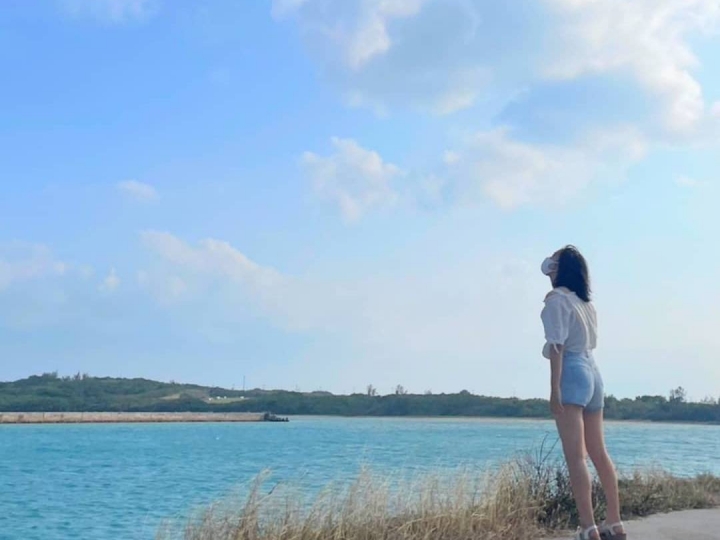 澄みきった水色の海の向こうには島が見えており、海の上にはきれいな青色の青空が広がっている。その海辺で、白いシャツを着てデニムの短パンを履いた一人の女が、空を見上げている。女の髪は風になびいている。