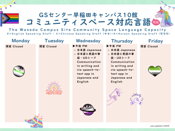 LGBTQ+コミュニティやフェミニズムに関連の深いイラストと共に、「GSセンター早稲田キャンパス10館コミュニティスペース対応言語」「The Waseda Campus Site Community Space Language Capacity」のタイトルと、以下の情報が書かれている。Wednesday▶午後 PM 日本語 Japanese 日本語と英語の筆談・UDトーク Communication in writing and via speech-to-text app in Japanese and English. Thursday ▶午後 PM 日本語 Japanese 日本語と英語の筆談・UDトーク Communication in writing and via speech-to-text app in Japanese and English