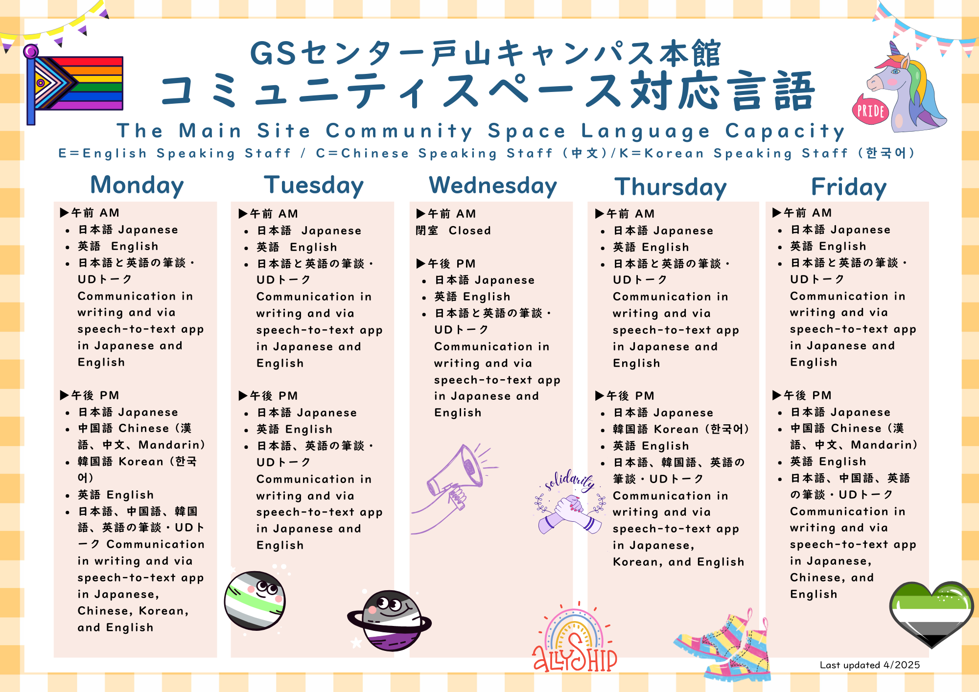 LGBTQ+コミュニティやフェミニズムと関わりが深いイラストと共に「GSセンター戸山キャンパス本館コミュニティスペース対応言語」「The Main Site Community Space Language Capacity E=English Speaking Staff | C=Chinese Speaking Staff (中文)|K=Korean Speaking Staff (한국어)」のタイトルと、以下の情報が書かれている。「Monday▶午前 AM 日本語 Japanese 英語 English 日本語と英語の筆談・UDトーク Communication in writing and via speech-to-text app in Japanese and English ▶午後 PM 日本語 Japanese 英語 English 日本語と英語の筆談・UDトーク Communication in writing and via speech-to-text app in Japanese and English Tuesday▶午前 AM 日本語 Japanese 英語 English 日本語と英語の筆談・UDトーク Communication in writing and via speech-to-text app in Japanese and English ▶午後 PM 日本語 Japanese 英語 English 日本語、英語の筆談・UDトーク Communication in writing and via speech-to-text app in Japanese and English Wednesday▶午前 AM 閉室 Closed ▶午後 PM 日本語 Japanese 英語 English 日本語と英語の筆談・UDトーク Communication in writing and via speech-to-text app in Japanese and English Thursday▶午前 AM 日本語 Japanese 英語 English 日本語と英語の筆談・UDトーク Communication in writing and via speech-to-text app in Japanese and English ▶午後 PM 日本語 Japanese 中国語 Chinese (漢語、中文、Mandarin) 韓国語 Korean (한국어) 英語 English 日本語、中国語、韓国語、英語の筆談・UDトーク Communication in writing and via speech-to-text app in Japanese, Chinese, Korean, and English Friday▶午前 AM 日本語 Japanese 英語 English 日本語と英語の筆談・UDトーク Communication in writing and via speech-to-text app in Japanese and English ▶午後 PM 日本語 Japanese 英語 English 日本語と英語の筆談・UDトーク Communication in writing and via speech-to-text app in Japanese and English」
