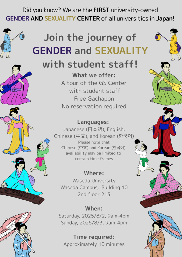 The image is a flyer announcing an event at the GS Center during Waseda University's open campus. Text information is presented in the central vertical column of the screen, while various illustrations of people dressed in Edo period-style clothing are depicted in the left and right vertical columns. The clothing colors are vibrant, and the background color is a light gray. At the very top in the center, the title of the event " Did you know? We are the FIRST university-owned GENDER AND SEXUALITY CENTER of all universities in Japan! Join the journey of GENDER and SEXUALITY with student staff! " is displayed in horizontal writing. The "G" and "Gender" are in dark purple, while the "S" and "Sexuality" are in dark yellow, and the rest of the text is in dark gray. Below the title, information is arranged in order: what we offer, supported languages, location, date and time, time required. For the what we offer, it states " A tour of the GS Center, with student staff, Free Gachapon, No reservation required" in dark gray horizontal writing. For the supported languages, it states ""J Japanese (日本語), English, Chinese (中文), and Korean (한국어). Please note that Chinese (中文) and Korean (한국어) availability may be limited to certain time frames" in dark gray letters written horizontally. The location is stated as " Waseda University　Waseda Campus, Building 10 2nd floor 213" in dark gray letters. The date and time are displayed as " Saturday, 2025/8/2, 9am-4pmSunday, 2025/8/3, 9am-4pm" in gray letters written horizontally. The time required is mentioned as " Approximately 10 minutes d" in gray letters written horizontally. There are illustrations of 12 people, with 6 on the left side of the text and 6 on the right side. The illustration at the top left features a child with a bob haircut holding a tyoutin lantern, wearing a gray kimono wear and lantern, with a light blue obi belt. Below that, in order from the top, is an illustration of a person wearing a purple kimono wear over a pink kimono wear with a purple obi belt, playing a blue shamisen guitar ; an illustration of a person wearing a yellow kimono with only the hem and collar part in light blue, holding a pink-covered book; an illustration of a child dressed in a green kimono wear and red obi belt, playing with a light blue mari ball; an illustration of a person wearing a light blue kimono wear and a light purple obi belt while playing a brown koto, a Japanese traditional piano, adorned with a light blue kanzashi , a Japanese traditional hair accessory and a light purple comb; and an illustration of a person holding a traditional Japanese umbrella wrapped in pink and white washi paper, wearing a light blue kimono wear and a pale pink obi belt. The illustration at the top right features a child with a bob haircut holding a yellow tyotin lantern, dressed in a yellow kimono wear and a dark purple obi belt. Below that, in order, the illustrations include a person playing a yellow shamisen guitar, dressed in a yellow-green kimono wear with a gray obi belt ; a person holding a blue-covered book, wearing a red kimono wear with black on the collar and hem layered over a blue kimono wear; a child playing with a black mari ball, dressed in a white kimono wear with a green obi belt; a person wearing a pink kimono wear and a green obi belt, playing a brown koto, with a pink comb and a light blue kanzashi; and an illustration of a person holding a traditional Japanese umbrella covered in pink and blue washi paper, dressed in a light brown kimono wear and a light blue obi belt. All individuals except for the children are styled with a mage topknot.