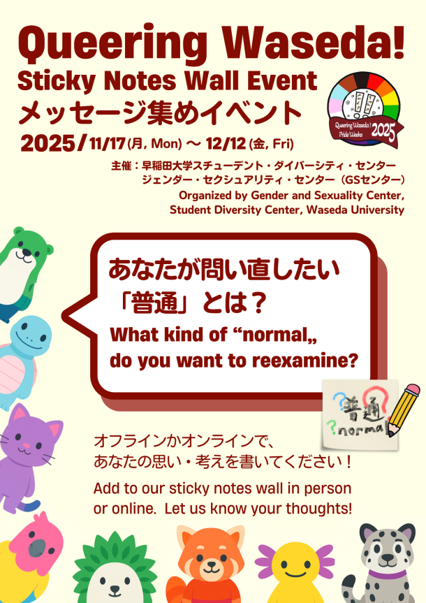 ベージュ背景に、最上段に大きな赤字で「Queering Waseda!」、その下に赤字で「Sticky Notes Wall Event」、さらに「メッセージ集めイベント」とイベントのタイトルが書いてある。タイトルの下はイベント日付、「2025/11/17(月, Mon)〜12/12(金, Fri)」が書いてある。主催表記は日本語と英語の併記で、早稲田大学スチューデント・ダイバーシティ・センター／ジェンダー・セクシュアリティ・センター（GSセンター）。中央に太い赤枠の吹き出しがあり、「あなたが問い直したい『普通』とは？」とそれの英訳 “What kind of ‘normal’ do you want to reexamine?” が入る。吹き出し右に、鉛筆と「普通」の手書き文字、? と “normal” が描かれた付箋風アイコンがある。下部には「オフラインかオンラインで、あなたの思い・考えを書いてください！」と、その英訳「Add to our sticky notes wall in person or online. Let us know your thoughts!」。紙面の左縁と下辺には、ラッコ、カメ、ネコ、オウム、ハリネズミ、レッサーパンダなどのカラフルなキャラクターが並ぶ。