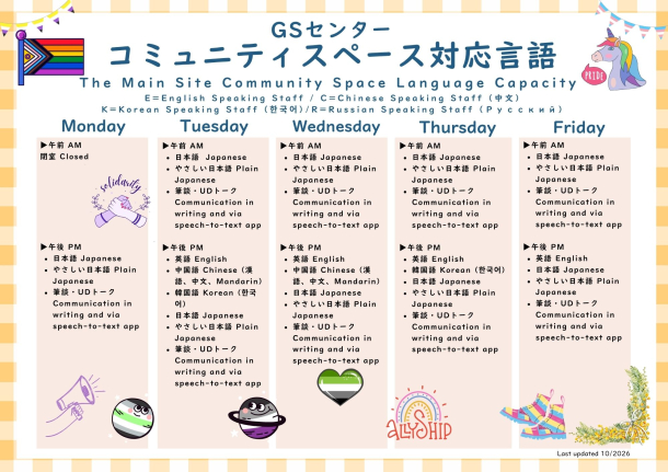 GSセンターのコミュニティスペースでの対応可能言語がまとめられた表。月曜午前中は閉室、それ以外の午前中は開室している。開室中は常に日本語やさしい日本語筆談UDトークでの対応可能それ以外の言語対応が可能な曜日と対応可能限は次の通り火曜午後英語中国語韓国語水曜午後英語中国語木曜午後英語韓国語金曜午後英語