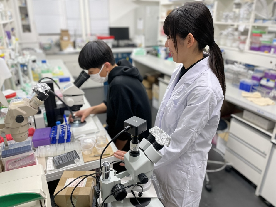 後輩に教えながら実験をする中居さん