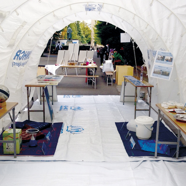 A mock refugee camp display set up in conjunction with the clothing drive.
