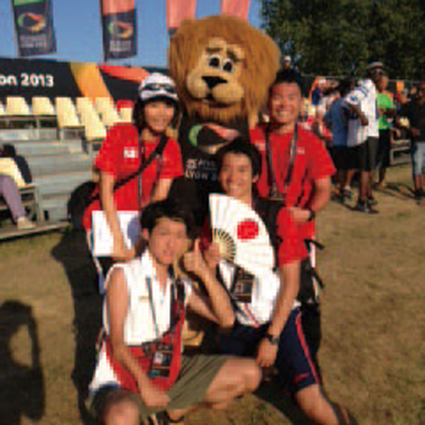 A commemorative photo taken with the official mascot at the IPC Athletics World Championships in Lyon, France