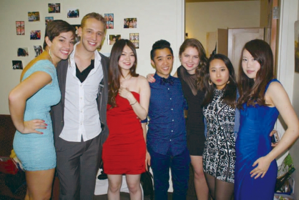 Photograph taken while dressing up with friends from around the world before participating in a dance party (Mizuki is 3rd from the left)
