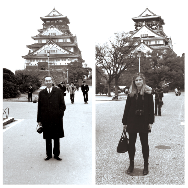 Zoe (right) and her grandfather (left) in front of Osaka Castle.