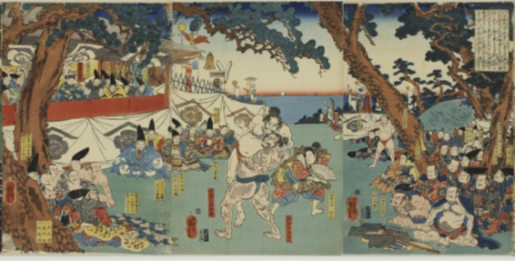 河津三郎俣野五郎相撲図<br />
歌川国芳画　天保14（1843）－弘化4（1847）年頃