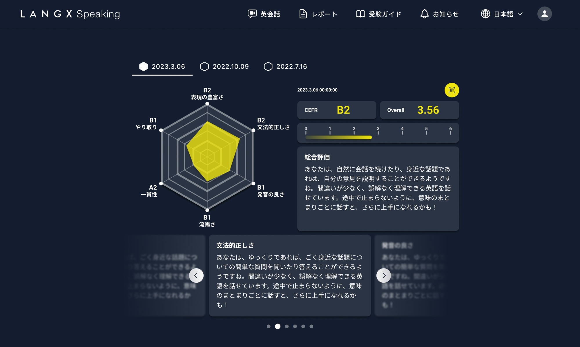 学習者のダッシュボード。各項目が7段階で評価され、上達のポイントも提示される