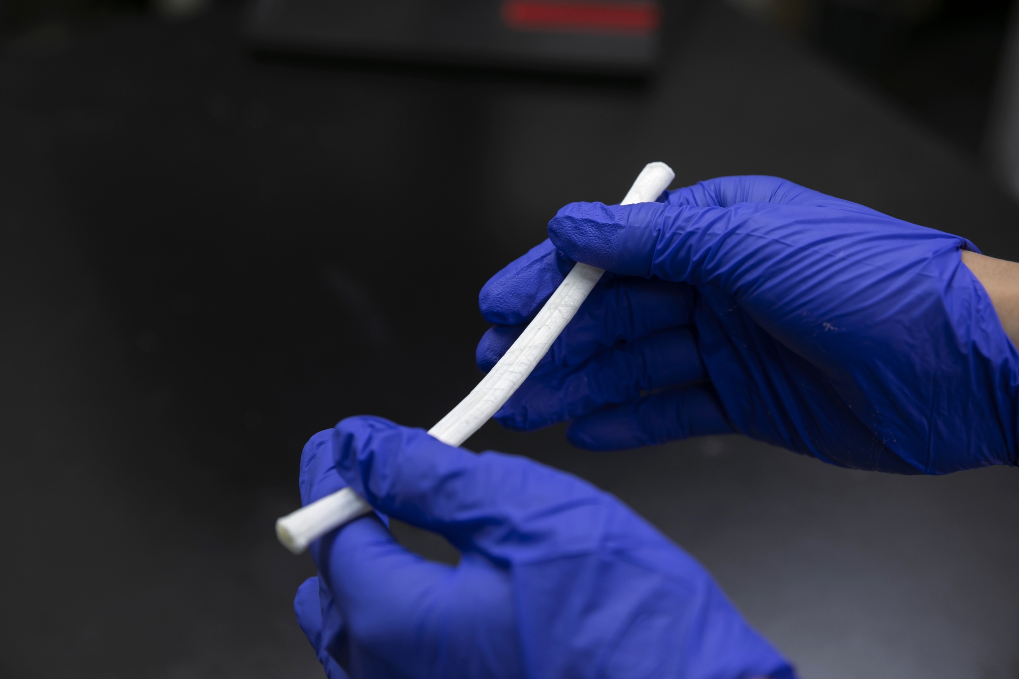開発品である脱細胞腱。生物的な弾力性と伸縮性がある一方、無機物的な白色は動物由来であることを感じさせない