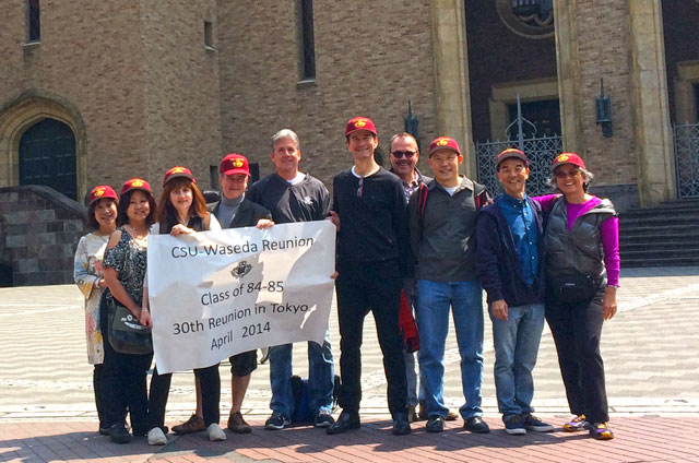 1984-85 CSU at Waseda reunion group<br>(L-R) Takako Kazaoka, Sharon Taguma, Theresa Garcia, Jon Nordeen, Ken Perry, Eric Kent, Joe Salvemini (guest), Wing Leung, Mike Okamura, Catherine Grennan. (Not pictured: Jim Reilly)