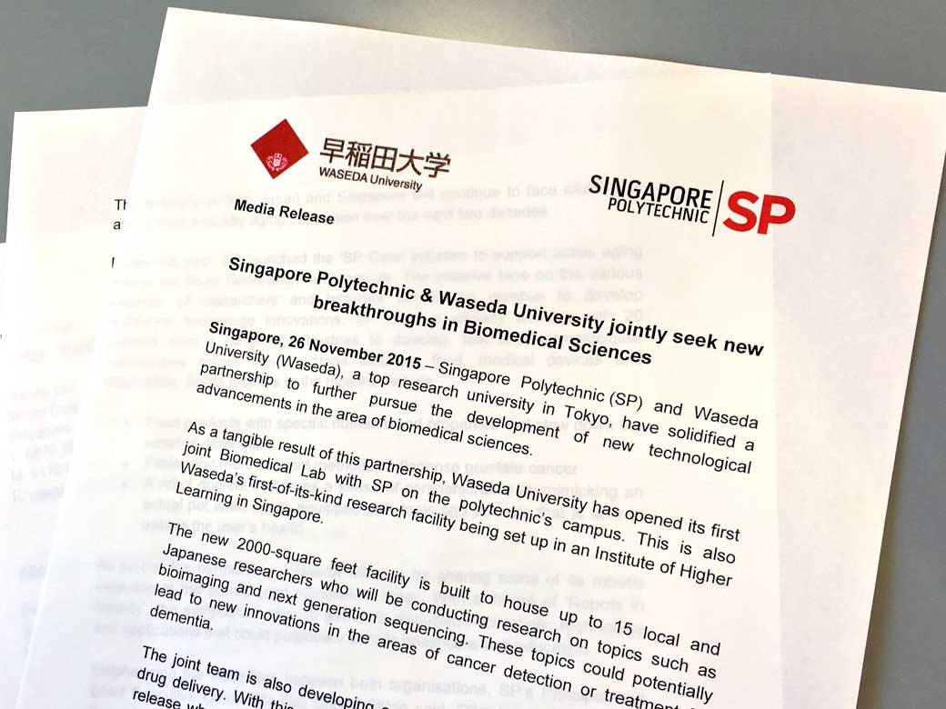 Waseda & Singapore Polytechnic jointly seek new breakthroughs in Biomedical Sciences