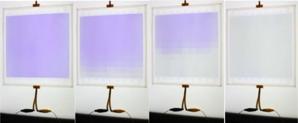 Figure 1. Dimming glass (20 cm  20 cm) whose darkness can be varied from a completely darkened state (left) to a completely clear state (right)