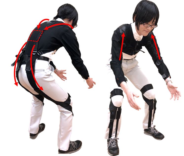 Wearable in a minute, newly-developed exosuit reduces physical stress on waist and arms